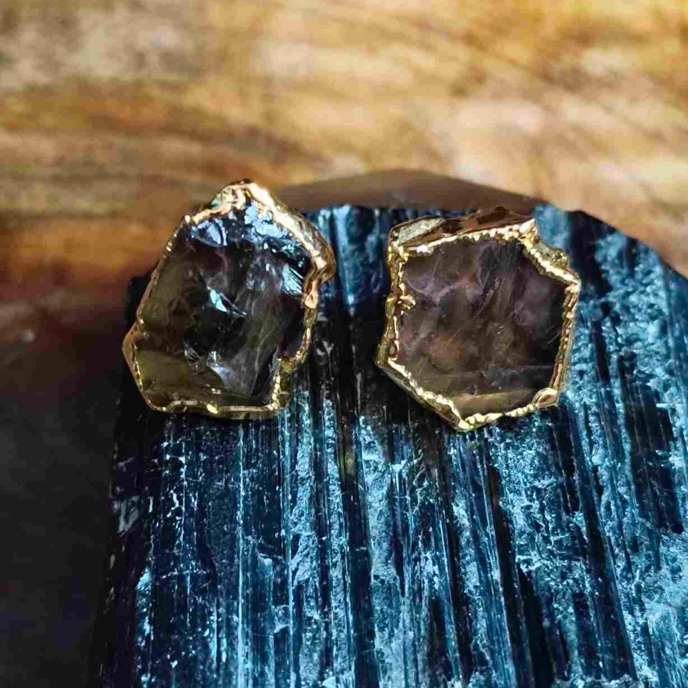 18K Gold Plated Smoky Quartz Gemstone Ear Stud