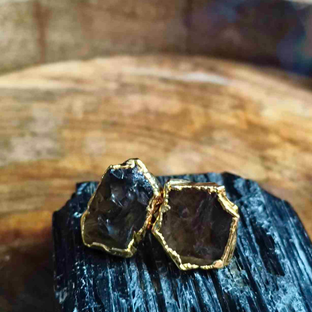 18K Gold Plated Smoky Quartz Gemstone Ear Stud