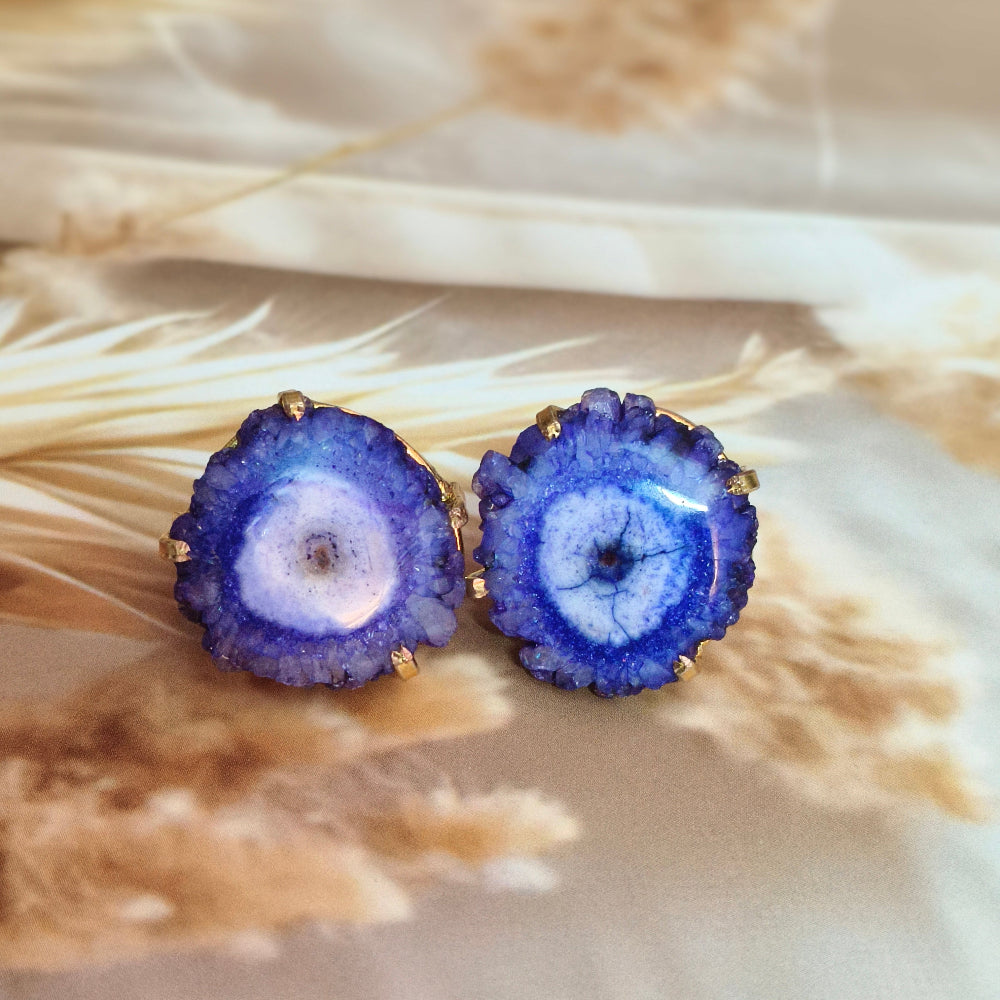 Blue Agate Stone 18K Gold Plated Ear Stud