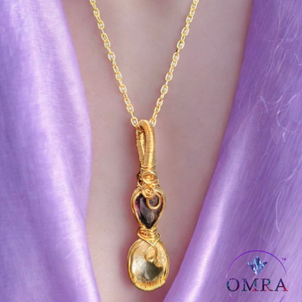 Amethyst & Citrine Wire Rapped 18K Gold Plated Pendant With 18Inch Chain
