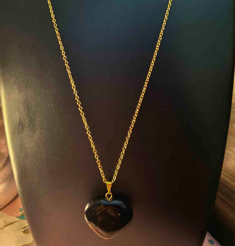 Black Tourmaline Heart Stone Pendant with 18k Gold plated Chain