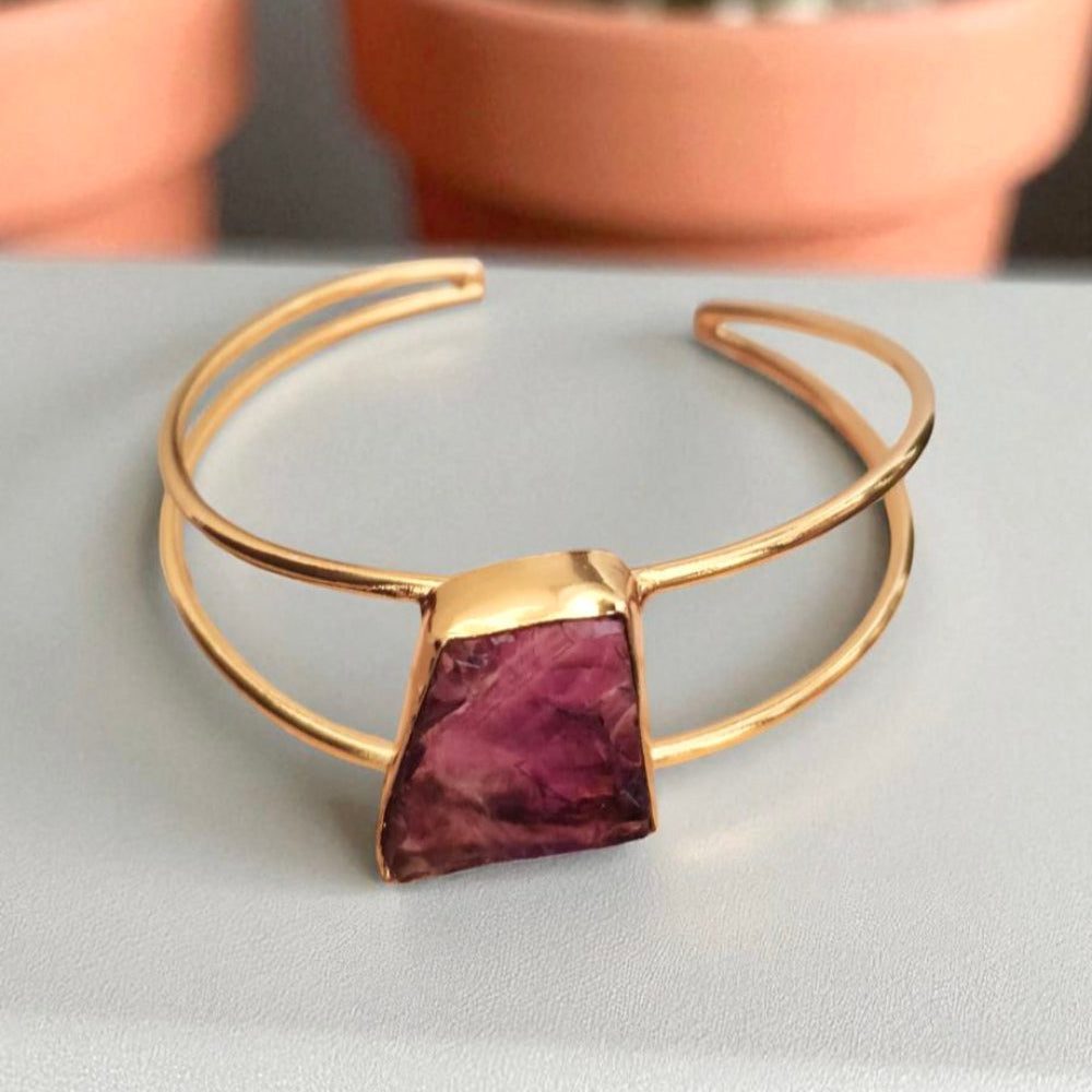 Gold Plated Raw Amethyst Gemstone cuff Bracelet