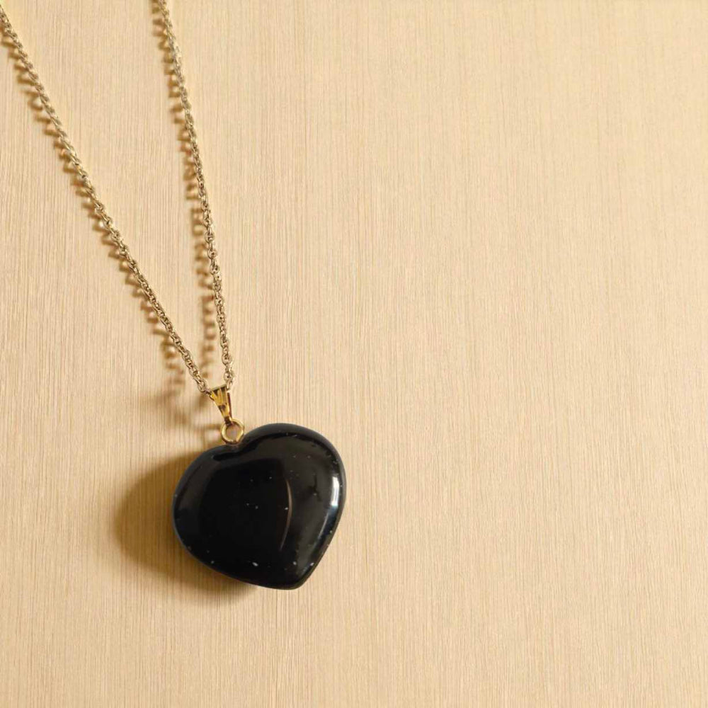 Black Tourmaline Heart Stone Pendant with 18k Gold plated Chain