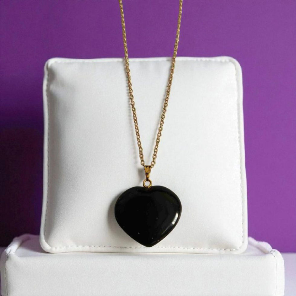 Black Tourmaline Heart Stone Pendant with 18k Gold plated Chain