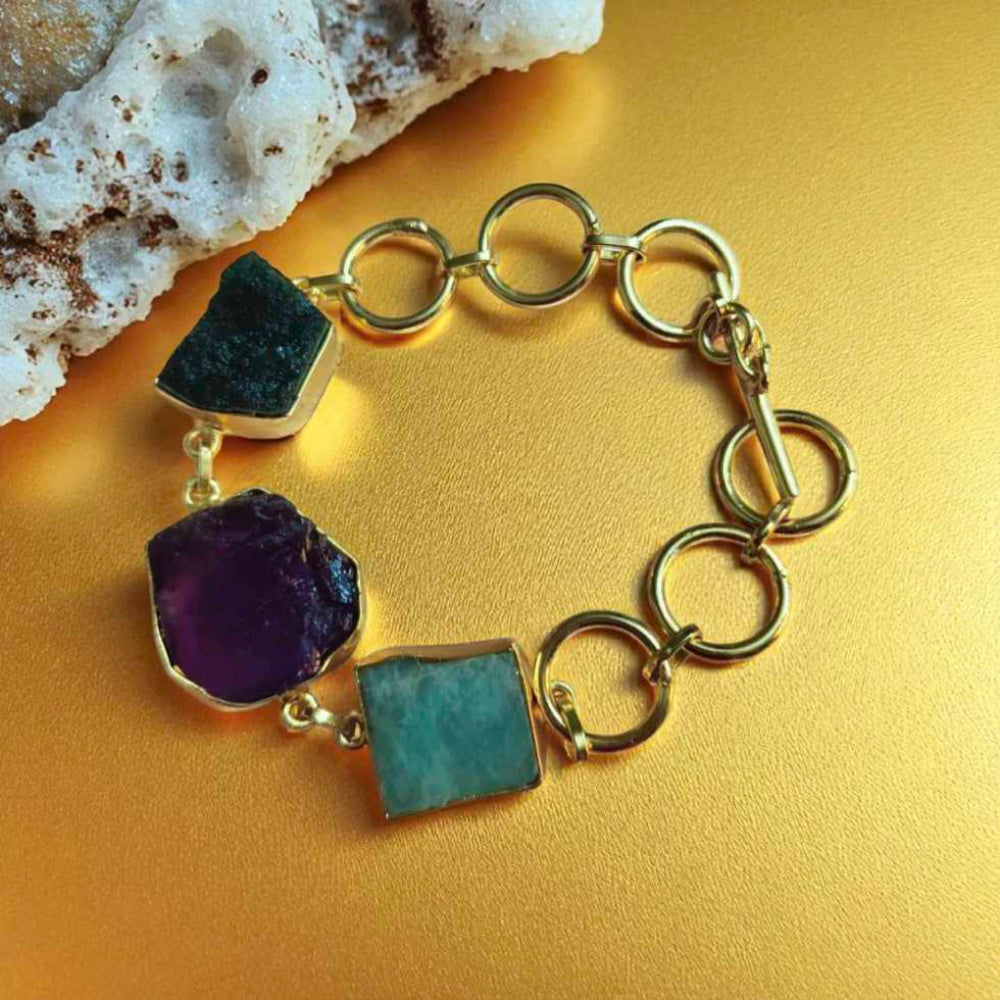 Gold Plated Raw Multi Gemstone Chain Bracelet