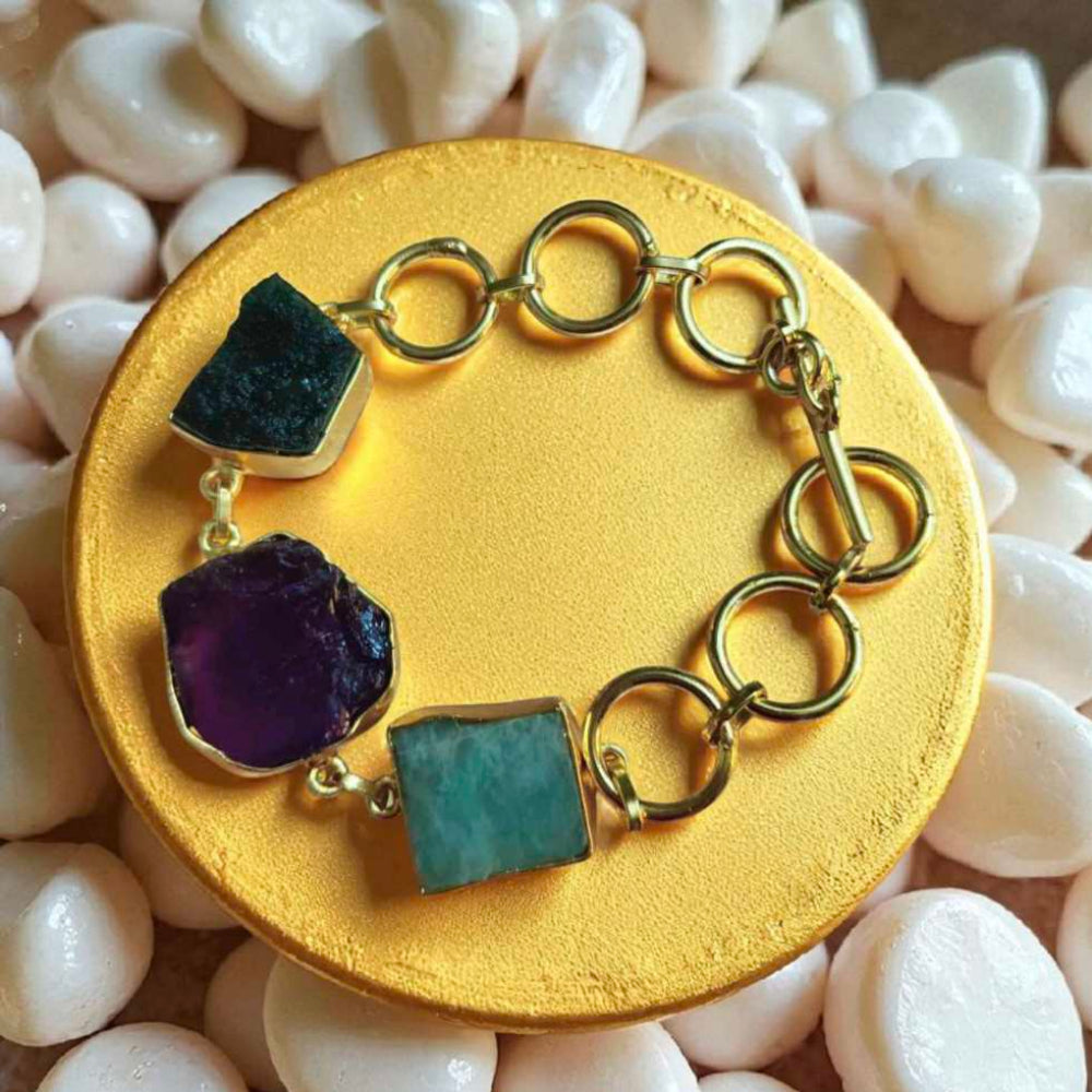 Gold Plated Raw Multi Gemstone Chain Bracelet