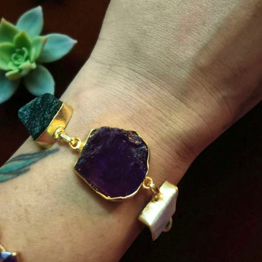 Gold Plated Raw Multi Gemstone Chain Bracelet