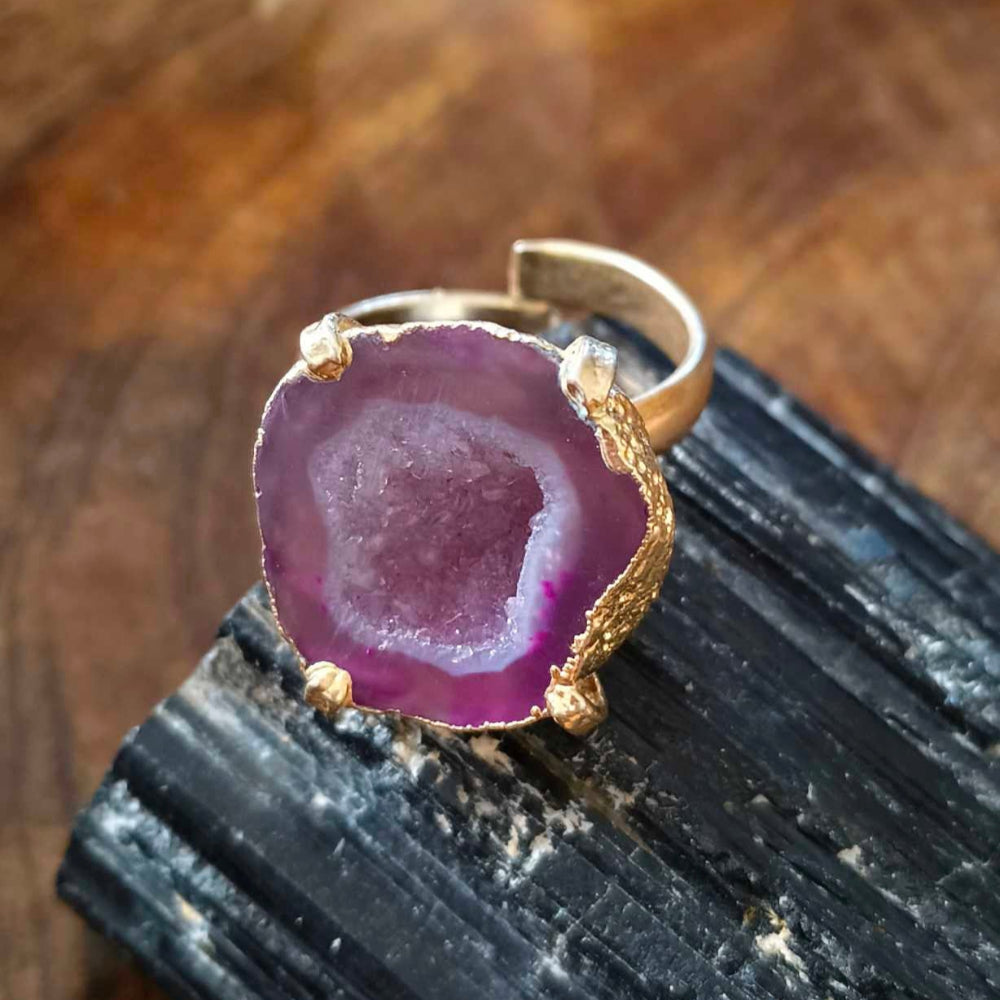 Pink Agate Slice Sparkling Stone 18K Gold Adjustable Ring
