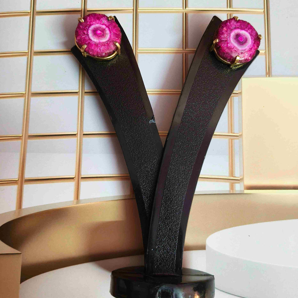 Pink Agate Stone 18K Gold Plated Ear Stud