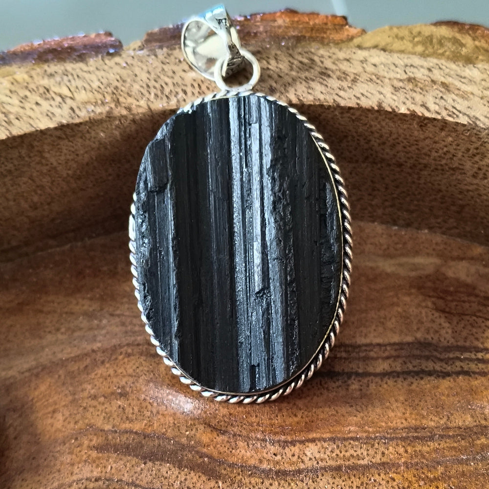 Raw Black Tourmaline Raw Oval Pendant