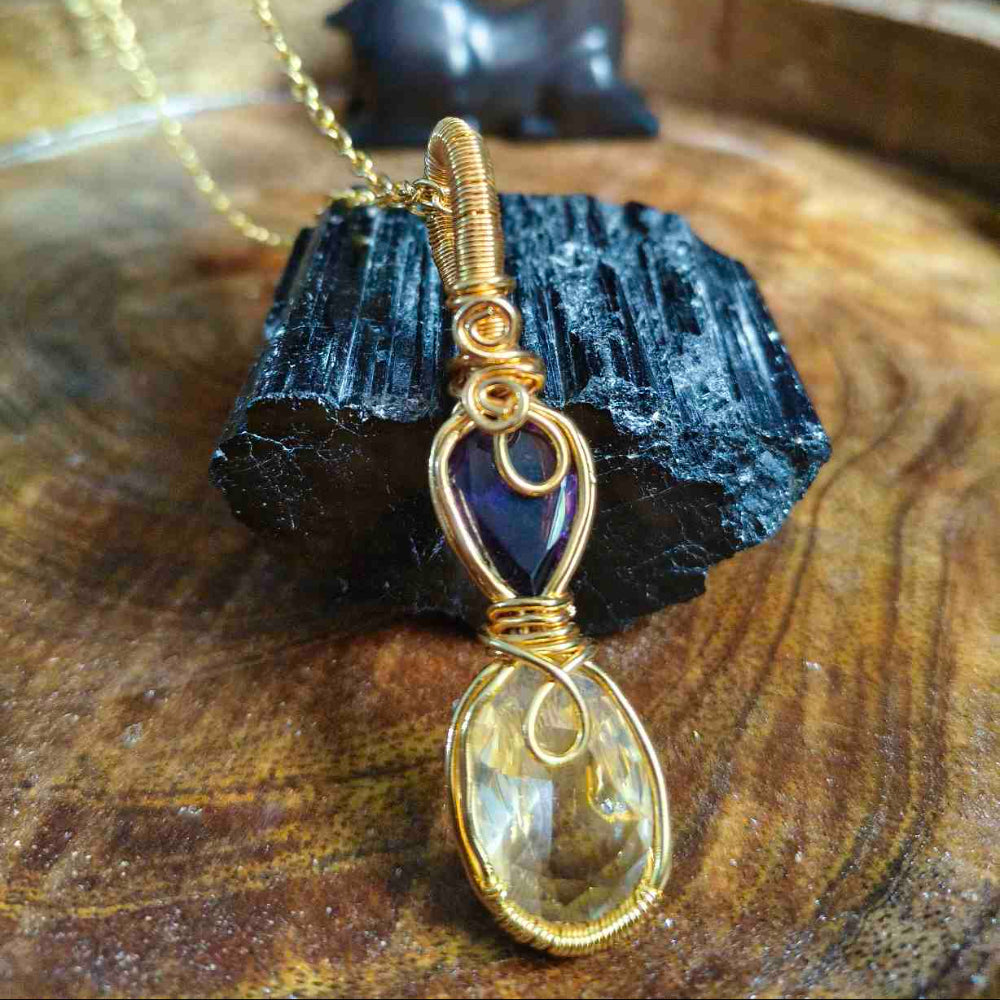 Amethyst & Citrine Wire Rapped 18K Gold Plated Pendant With 18Inch Chain