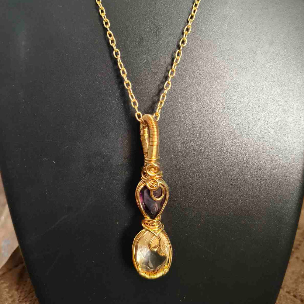 Amethyst & Citrine Wire Rapped 18K Gold Plated Pendant With 18Inch Chain
