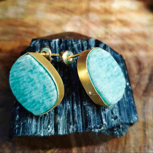 18K Gold Plated Blue Amazonite Gemstone Ear Stud