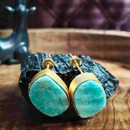 18K Gold Plated Blue Amazonite Gemstone Ear Stud