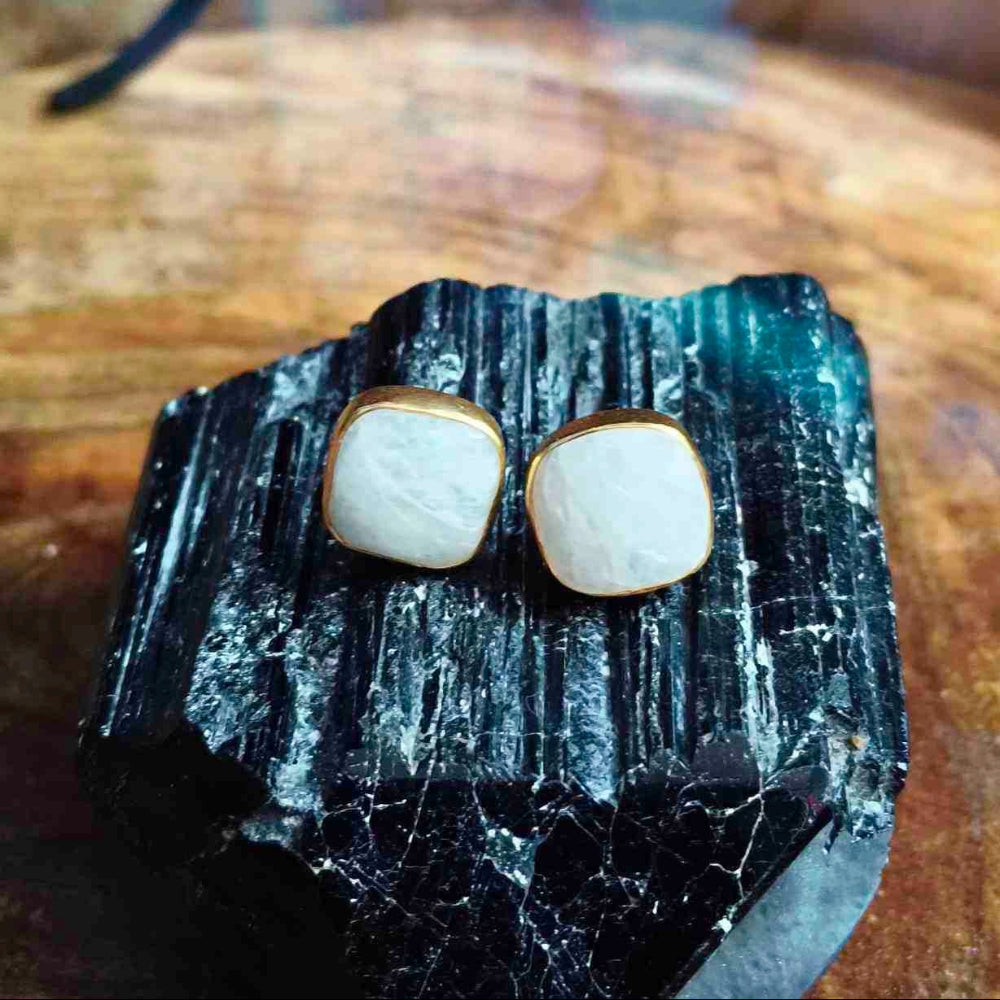 18K Gold Plated Moonstone Square Ear Stud