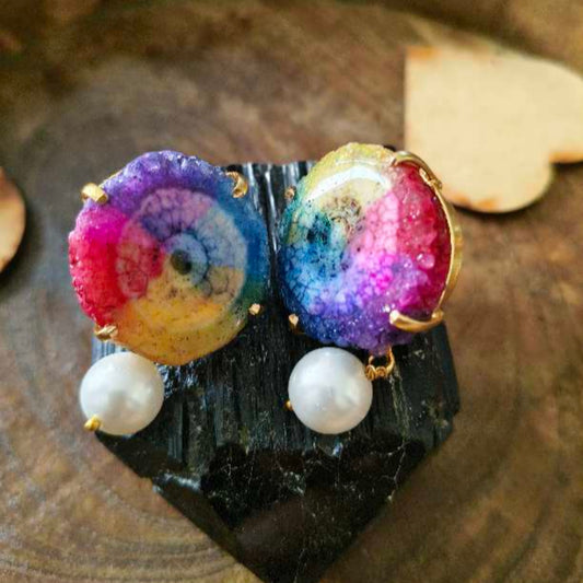 18K Gold Plated Rainbow Agate Stone With Pearl Earing