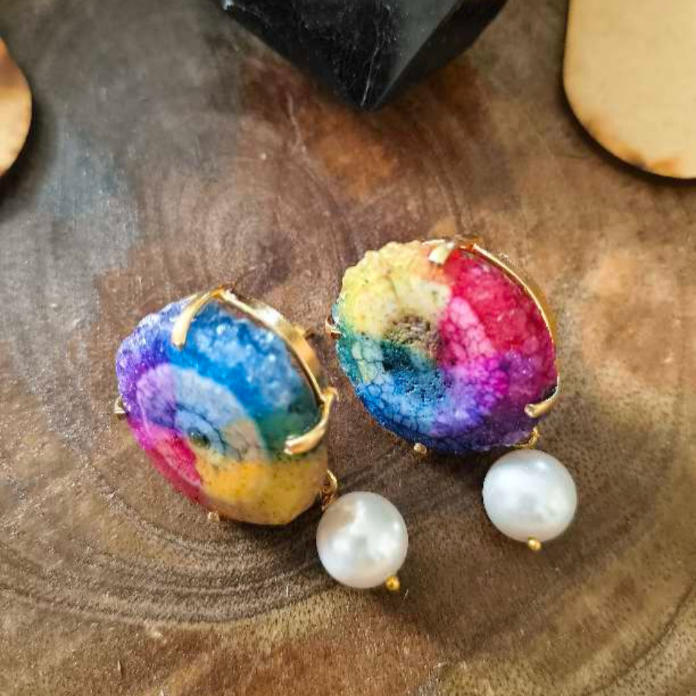 18K Gold Plated Rainbow Agate Stone With Pearl Earing