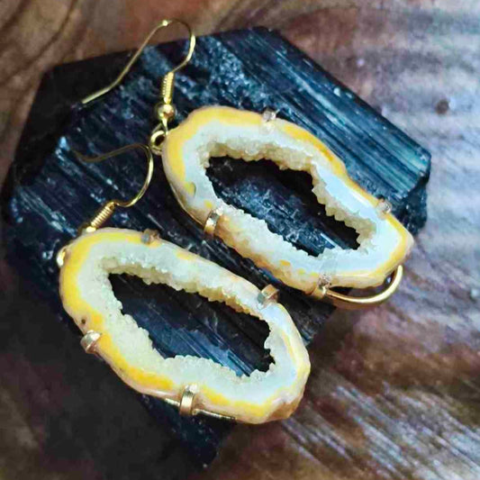 18K Gold Plated Yellow Geode Slice Gemstone Earing