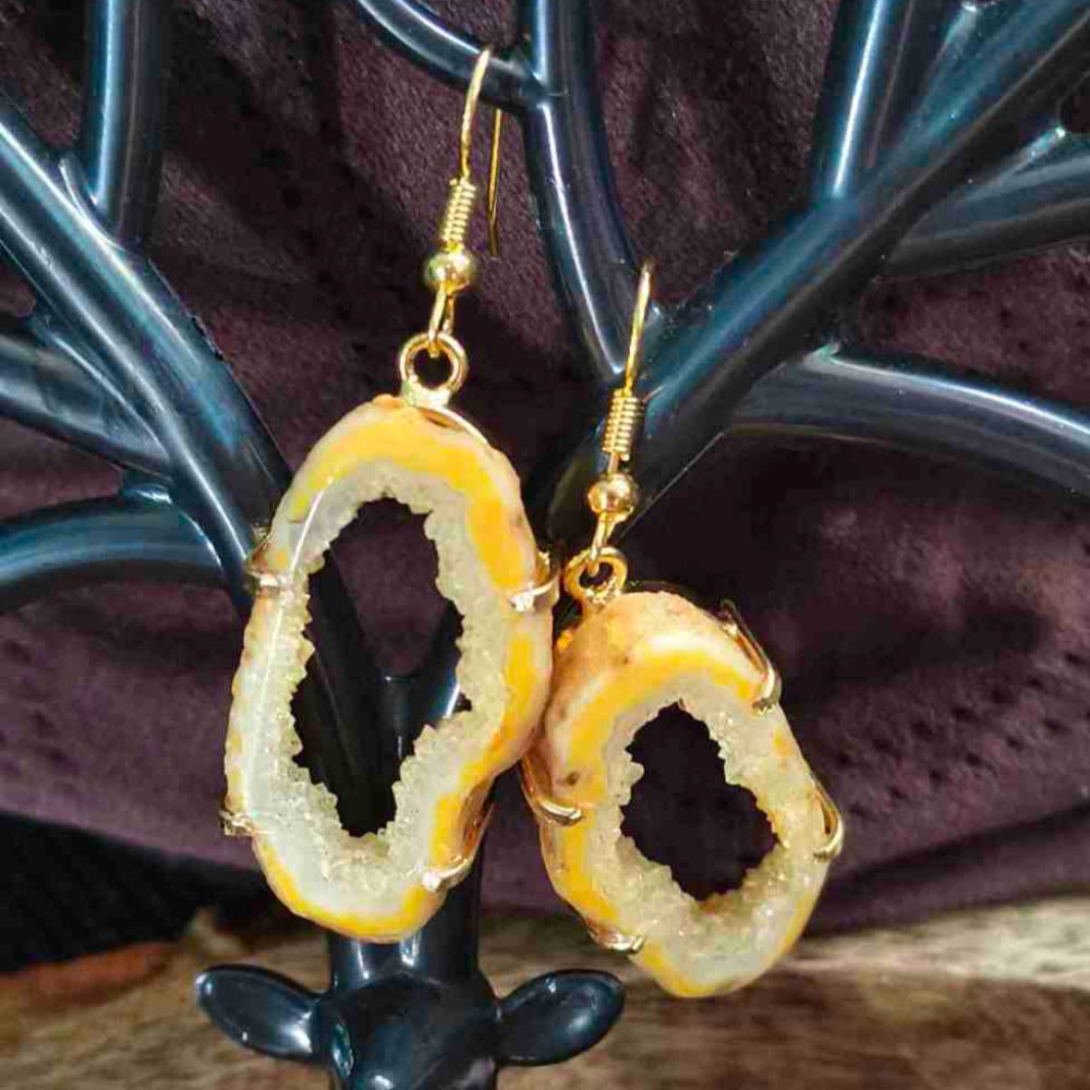18K Gold Plated Yellow Geode Slice Gemstone Earing