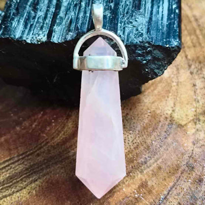 92.5 Sterling Silver Pencil Rose Quartz stone Pendant