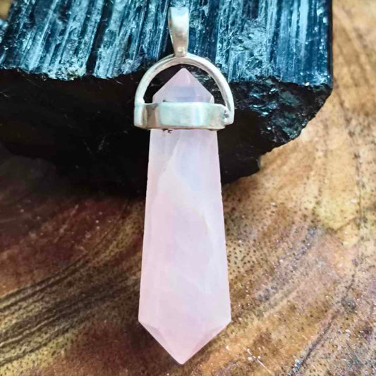 92.5 Sterling Silver Pencil Rose Quartz stone Pendant