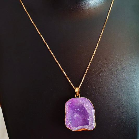 Amethyst Geode Slice Gemstone 18K Gold Plated Pendant