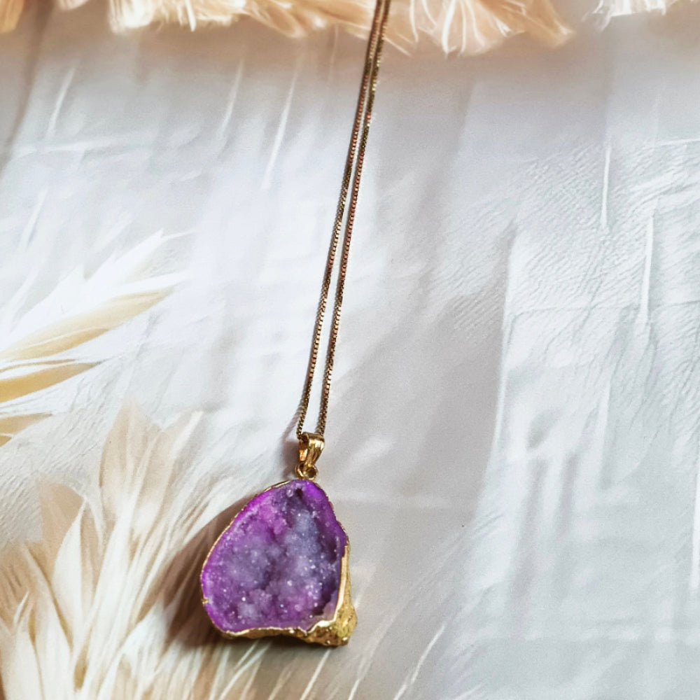Amethyst Geode Slice Gemstone 18K Gold Plated Pendant