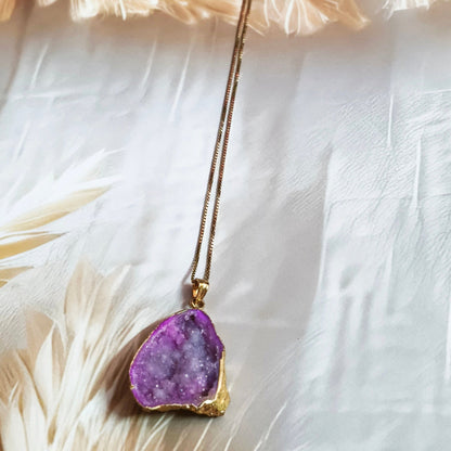 Amethyst Geode Slice Gemstone 18K Gold Plated Pendant
