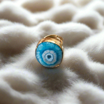 Blue Agate Gemstone 18K Gold Plated Adjustable Ring