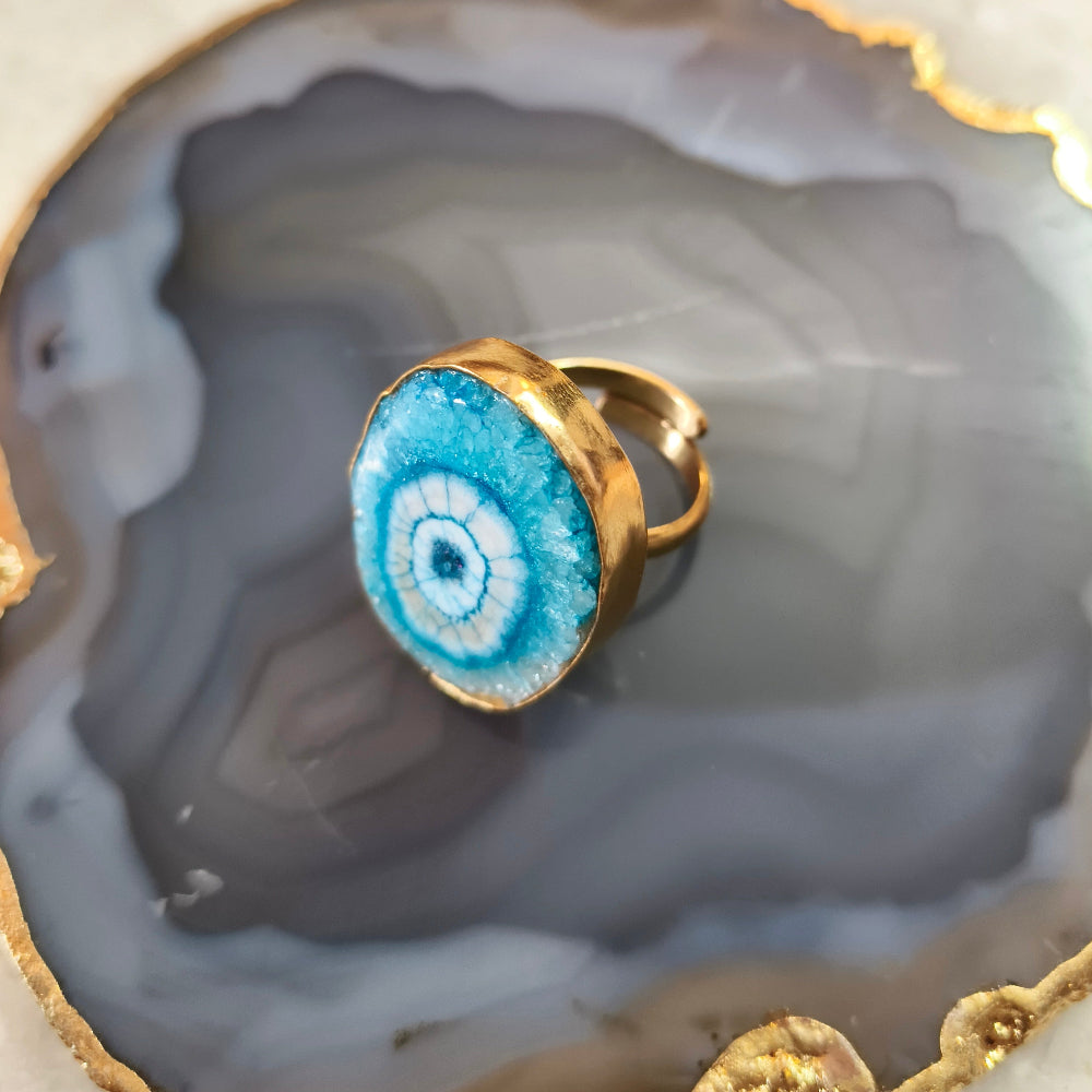 Blue Agate Gemstone 18K Gold Plated Adjustable Ring
