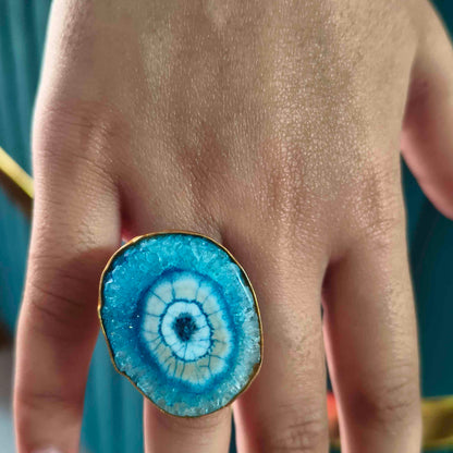 Blue Agate Gemstone 18K Gold Plated Adjustable Ring