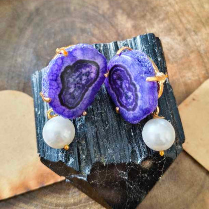 Blue Agate Stone White Pearl Earing