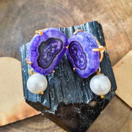 Blue Agate Stone White Pearl Earing