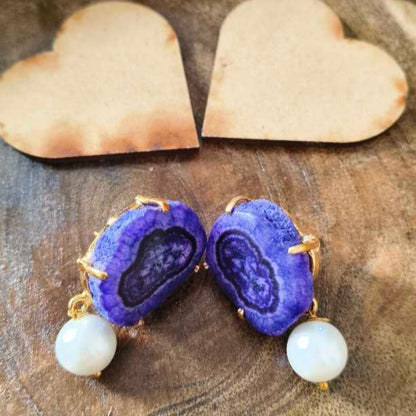 Blue Agate Stone White Pearl Earing