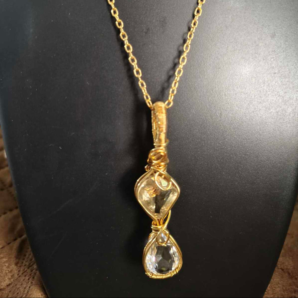 Citrine & Clear Quartz Wire Rapped 18K Gold Plated Pendant With 18Inch Chain