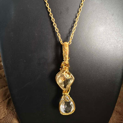 Citrine & Clear Quartz Wire Rapped 18K Gold Plated Pendant With 18Inch Chain