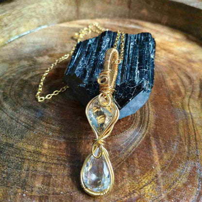 Citrine & Clear Quartz Wire Rapped 18K Gold Plated Pendant With 18Inch Chain