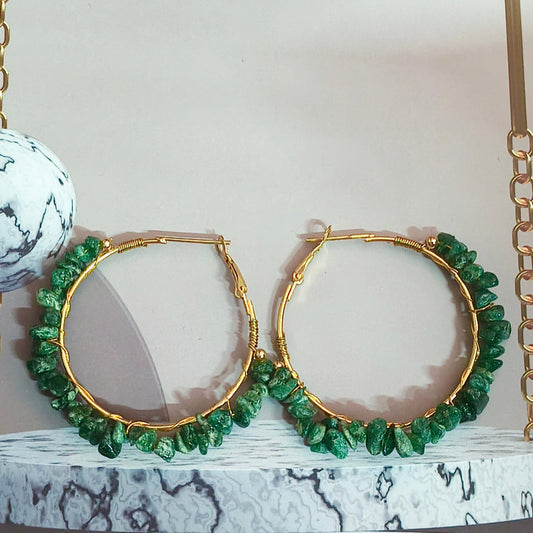 Green Aventurine Chips Gemstone Ear Hoops