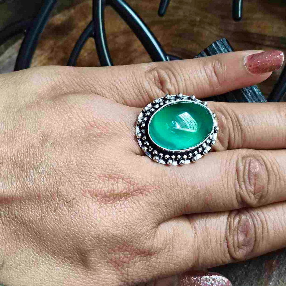 Green Onyx Gemstone German Silver Adjustable Ring