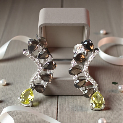 925 Sliver Smoky & Green Peridot Zirconia diamond drop Earing