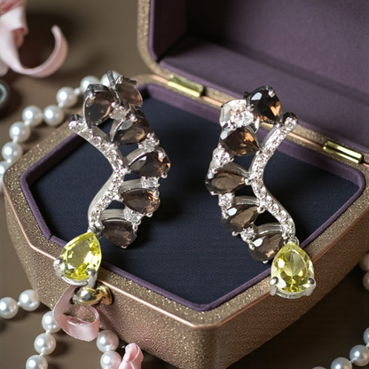 925 Sliver Smoky & Green Peridot Zirconia diamond drop Earing