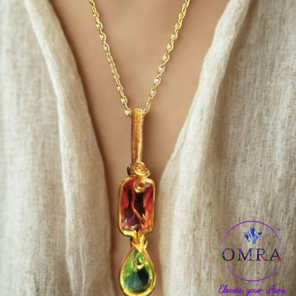 Rose Quartz & Green Aventurine 18K Gold Plated Pendant With 18Inch Chain