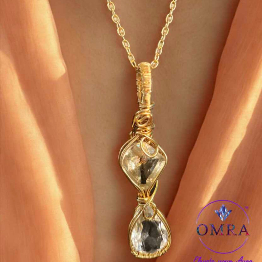Citrine & Clear Quartz Wire Rapped 18K Gold Plated Pendant With 18Inch Chain