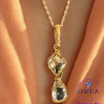 Citrine & Clear Quartz Wire Rapped 18K Gold Plated Pendant With 18Inch Chain