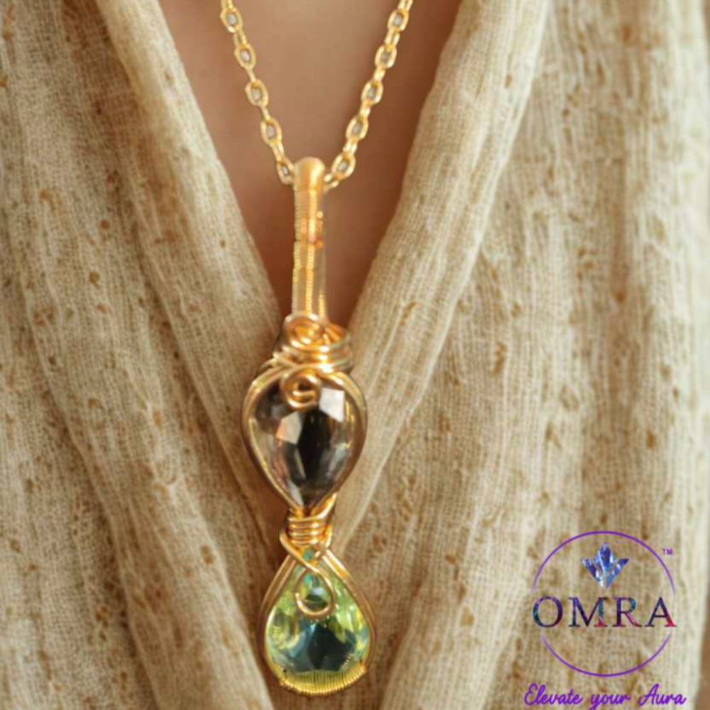 Smoky & Green Quartz Wire Rapped 18K Gold Plated Pendant With 18inch Chain