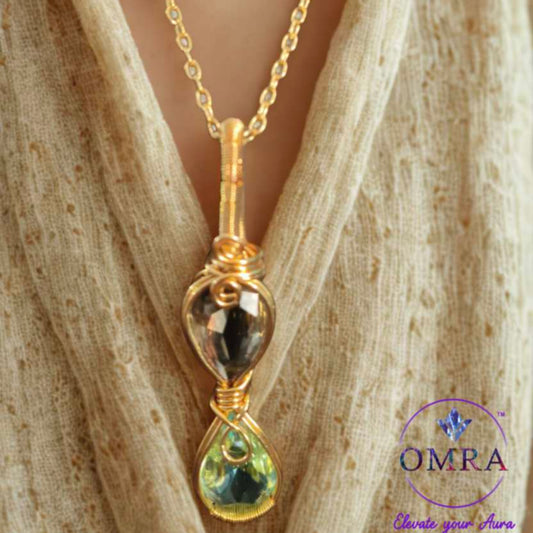 Smoky & Green Quartz Wire Rapped 18K Gold Plated Pendant With 18inch Chain