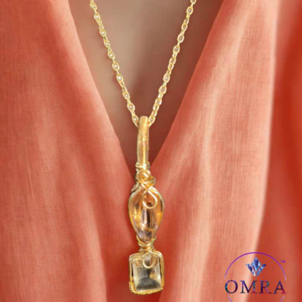 Sunstone & Clear Quartz Wire Rapped 18K Gold Plated Pendant With 18inch Chain