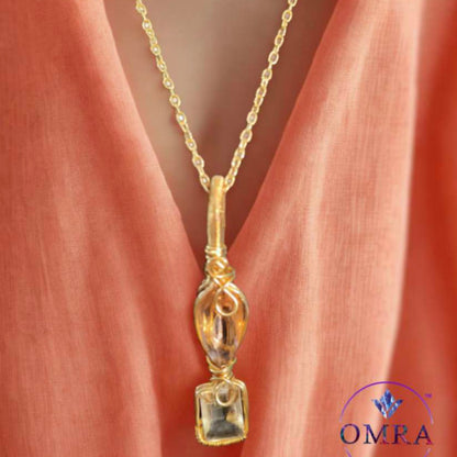 Sunstone & Clear Quartz Wire Rapped 18K Gold Plated Pendant With 18inch Chain