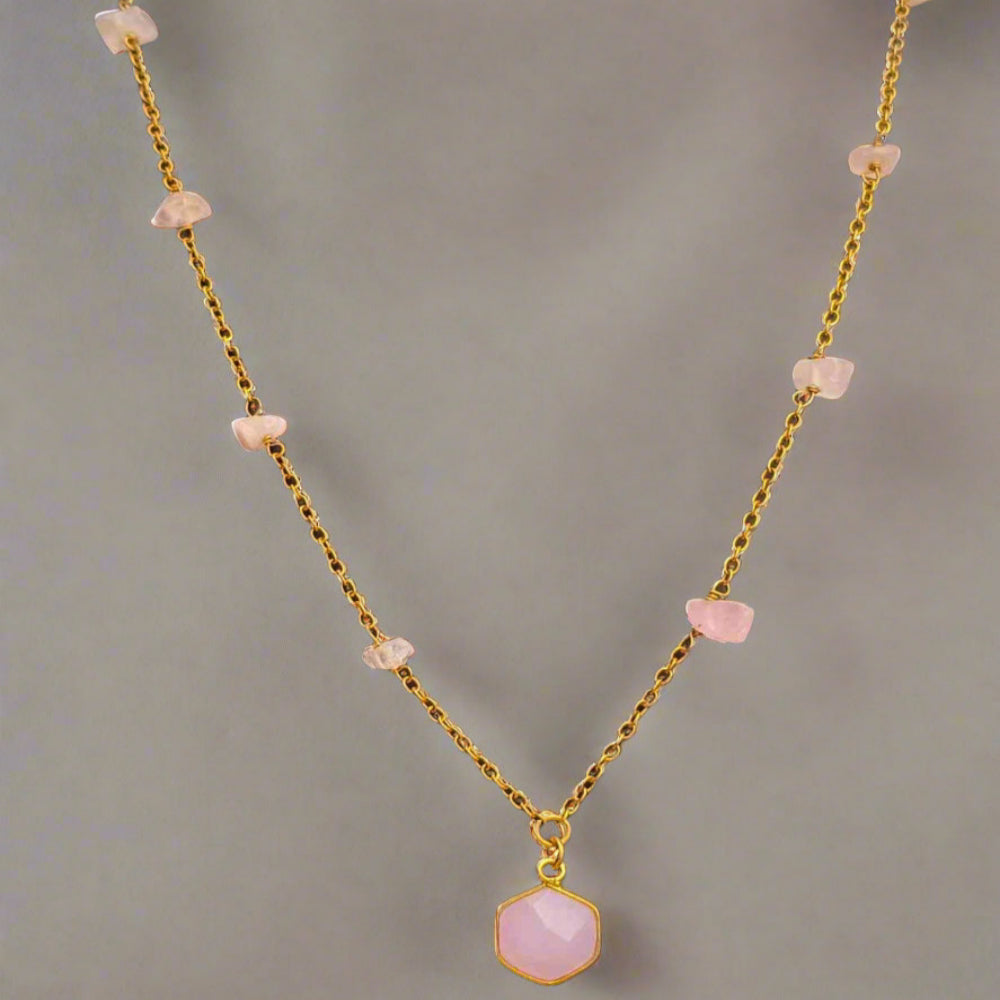 Rose Quartz cut stones 18k gold plated Necklace
