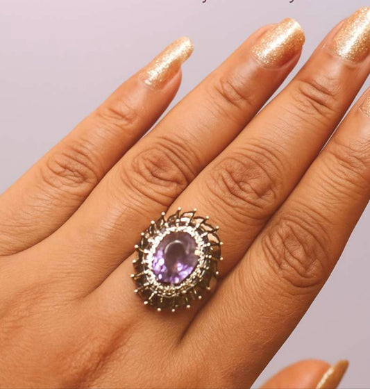 Smoky Quartz & Amethyst gemstone 925 Silver Ring